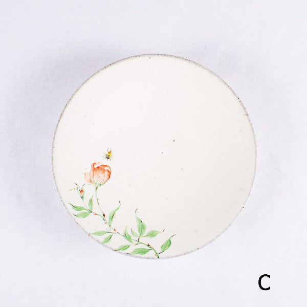 Hand-Painted Artisanal Chinese Plate, Red China Rose with Bee