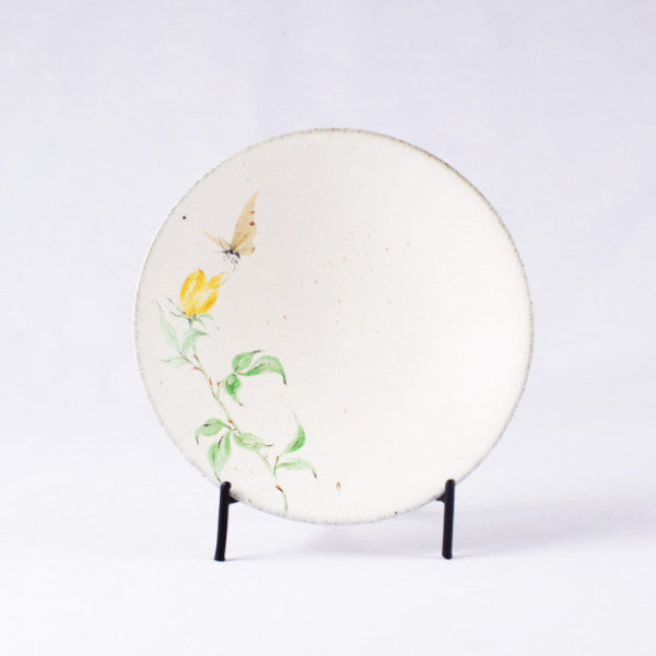 Hand-Painted Artisanal Chinese Plate, Yellow China Rose with Butterfly