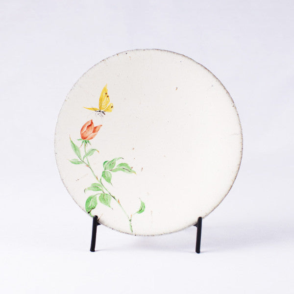 Hand-Painted Artisanal Chinese Plate, Red China Rose with Butterfly